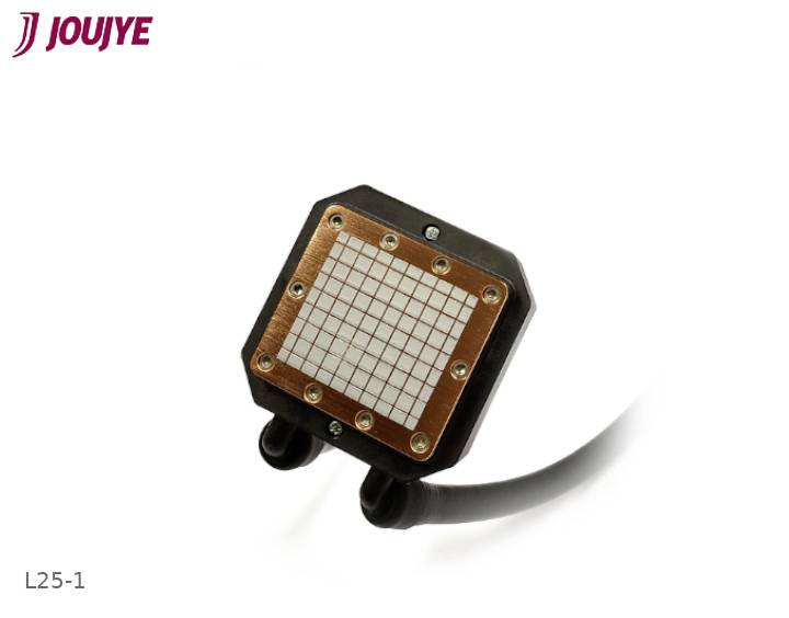 'Close-up of a square electronic component with copper elements and grid mesh pattern, cables at the bottom.'