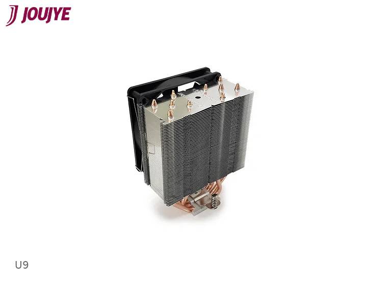 A CPU cooler with copper heat pipes and aluminium fins. Brand name 'JouiYE' in the top left corner, model 'U9' at the bottom.