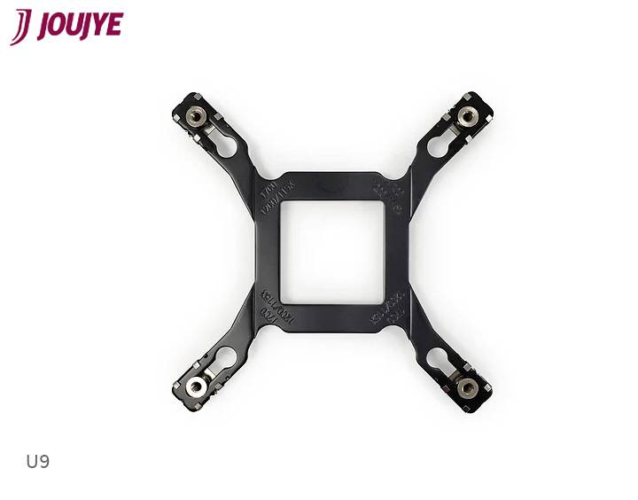 'JOUJYE' logo at the top left. A black, square mounting bracket with four arms, each with a fastening device at the ends. 'U9' is written at the bottom left.