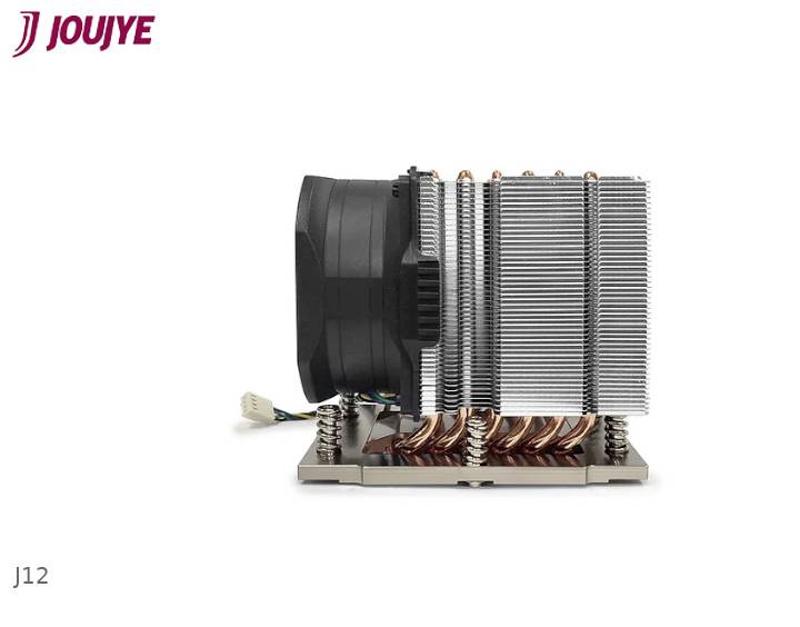 'A computer cooling device with a fan and heat sink in metallic finish, Model J12 by JouJye.'