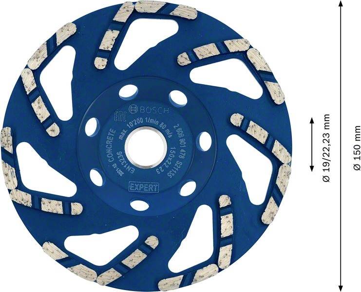 Blue grinding disc with white grinding segments; diameter 150 mm, suitable for grinding work on concrete surfaces.