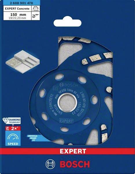'Bosch EXPERT Concrete' Diamond Cutting Disc, 150 mm, for concrete with long-lasting performance and speed through 'Diamond Technology'.