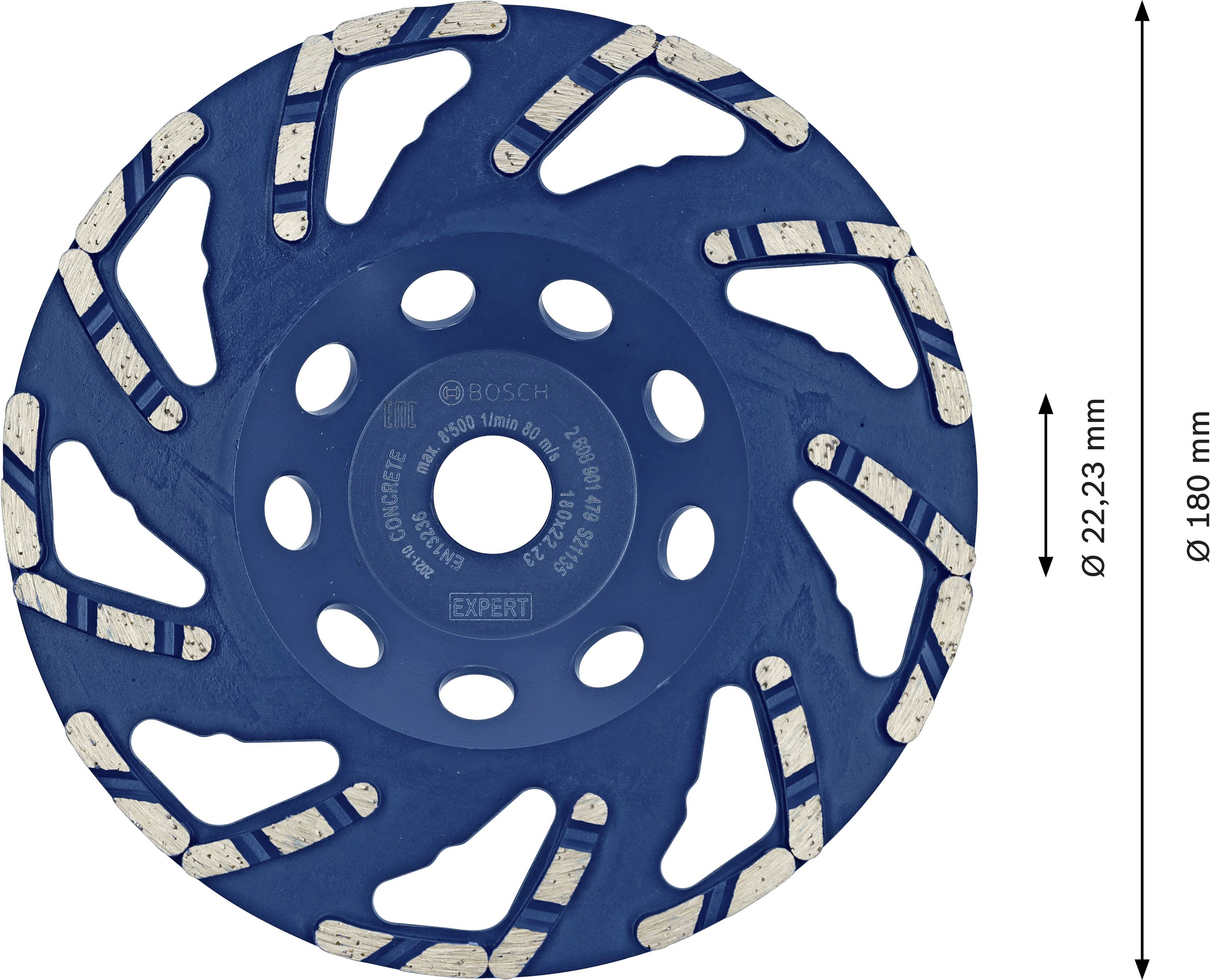 'Diamond grinding disc for concrete', blue, diameter 180 mm, bore 22.23 mm, shows segmented grinding surface, suitable for smooth finishes.