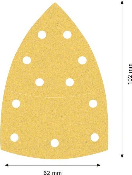 Beige sanding disc for triangular sander with 11 holes, suitable for wood. Dimensions: 102 mm height, 62 mm width.