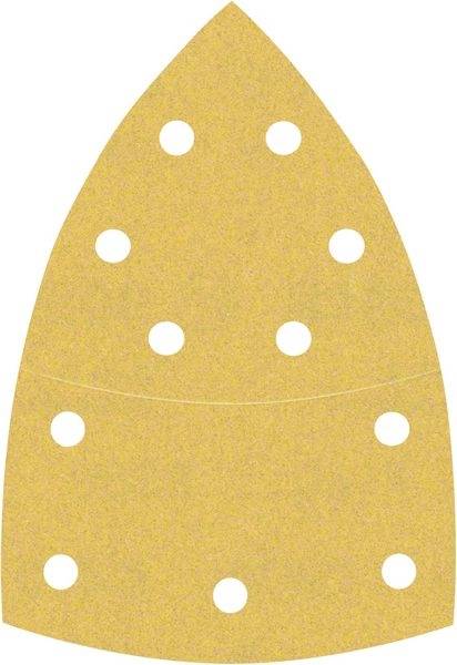 Illustration of a triangular sandpaper with round holes, suitable for an orbital sander.