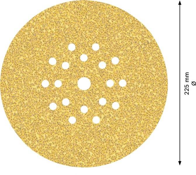 'Round grinding disc with multiple holes in the centre, diameter 225 mm. Yellow surface with a fine, granular structure.'
