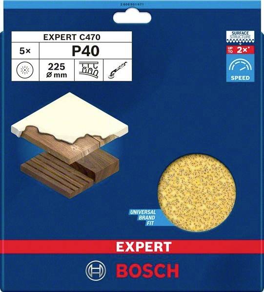 Bosch Sanding Paper, 'Expert C470' Model, Grit P40, for Wood and Paint, Round, 225 mm Diameter, Pack of 5.