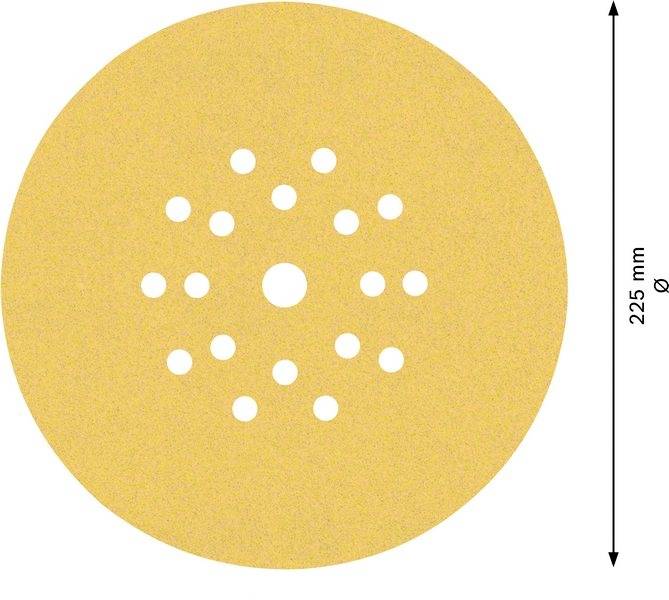 Round sandpaper, 225 mm diameter, with multiple holes for dust extraction.