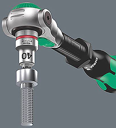 A green and black ratchet wrench with a socket labeled '40' gripping a bolt against a grey background.