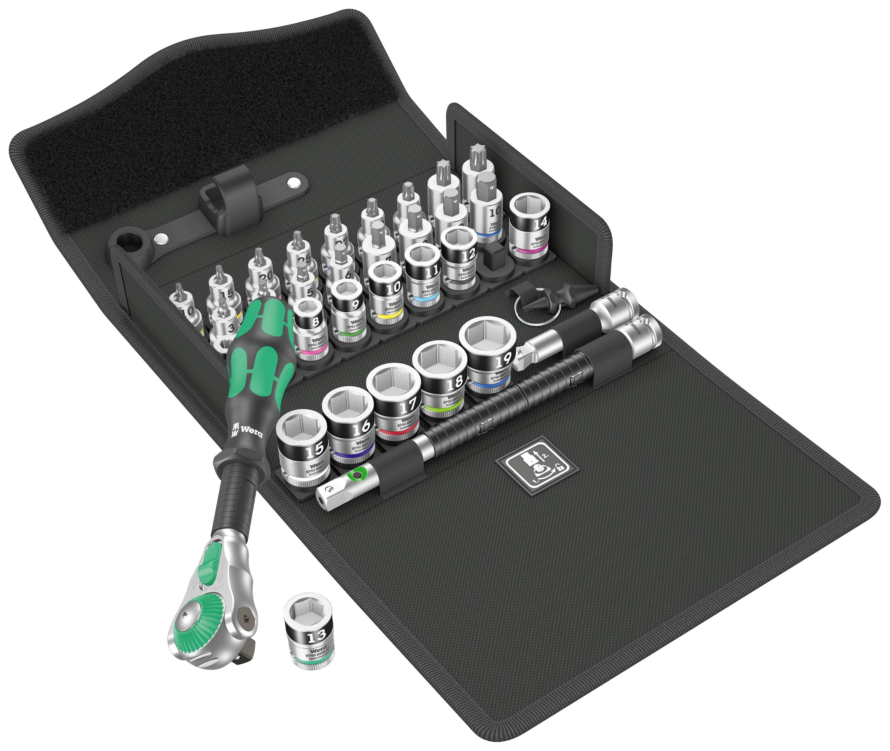 A comprehensive toolkit with a ratchet, numerous sockets and accessories. All components are neatly arranged.