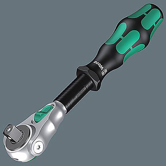 A ratchet wrench with a black and green ergonomic handle, designed for gripping and turning nuts and bolts efficiently.