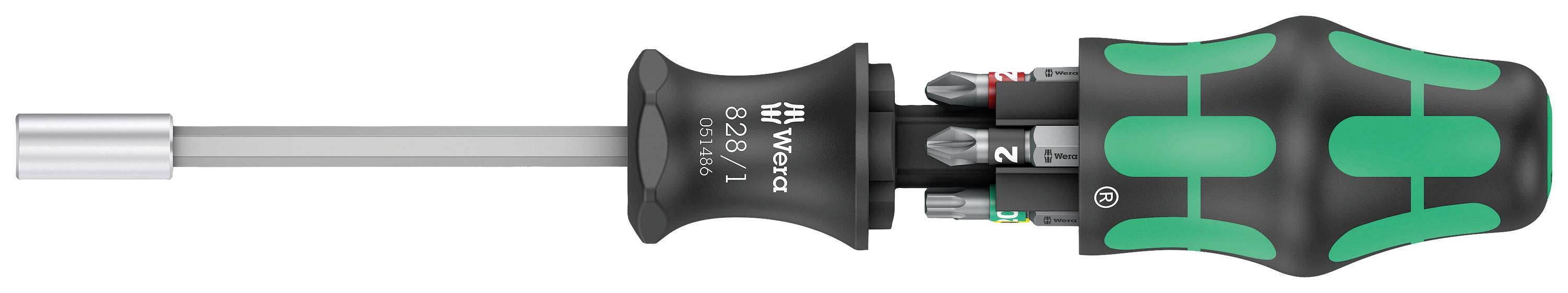 A screwdriver with an ergonomic handle and interchangeable bits that can be stored in the handle. 'Wera' brand name on the side.