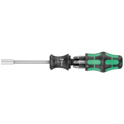 A screwdriver with an ergonomic handle and multiple interchangeable bits stored in the handle.