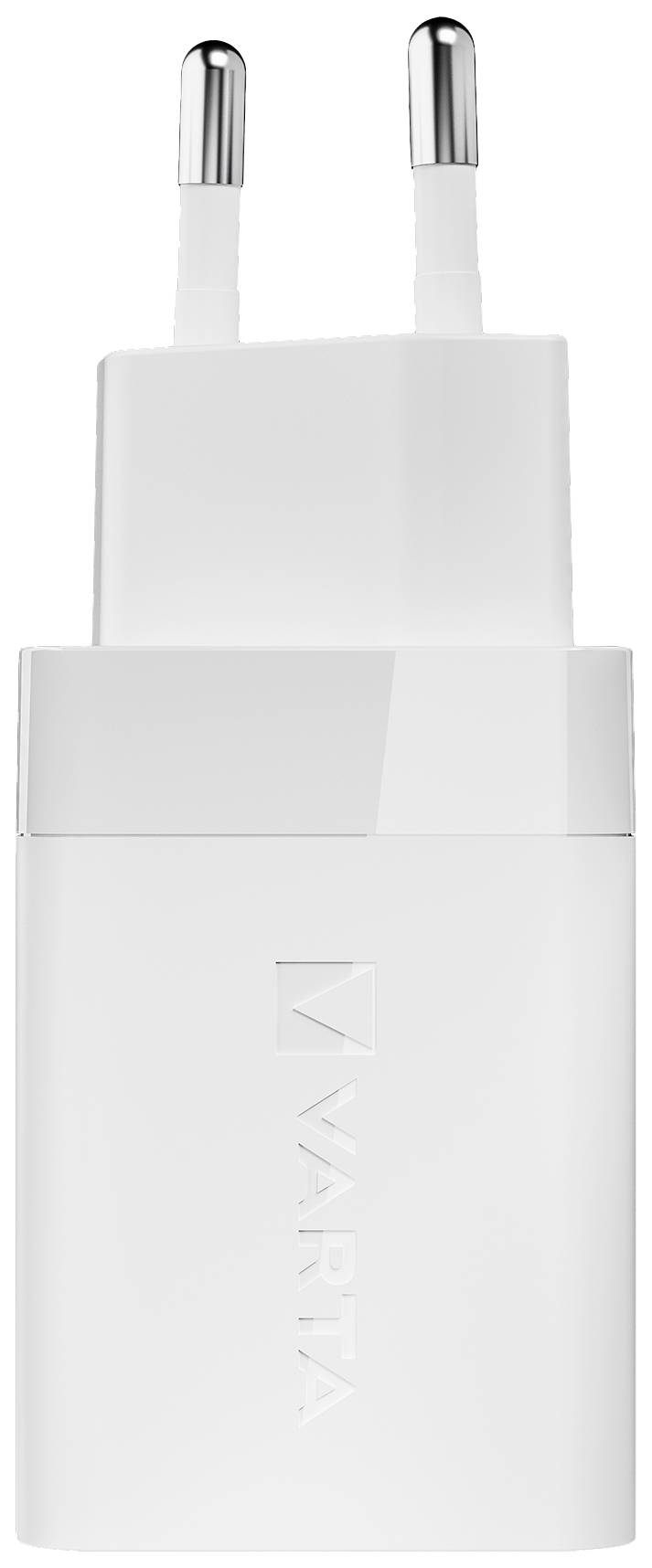 White USB charger with two plugs and a brand logo on the front.