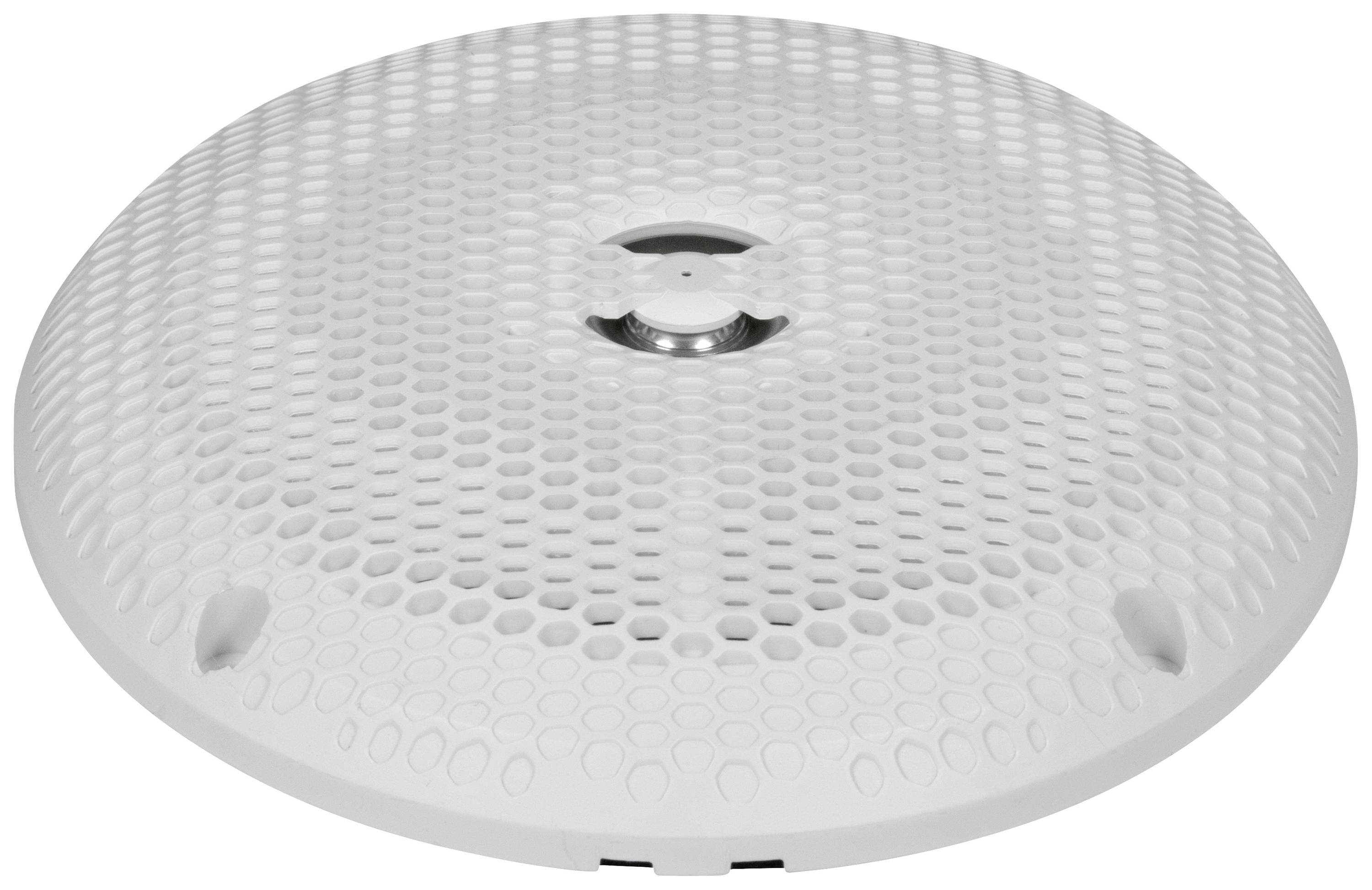 A white, round smoke detector with a grille design, mounted on a ceiling.