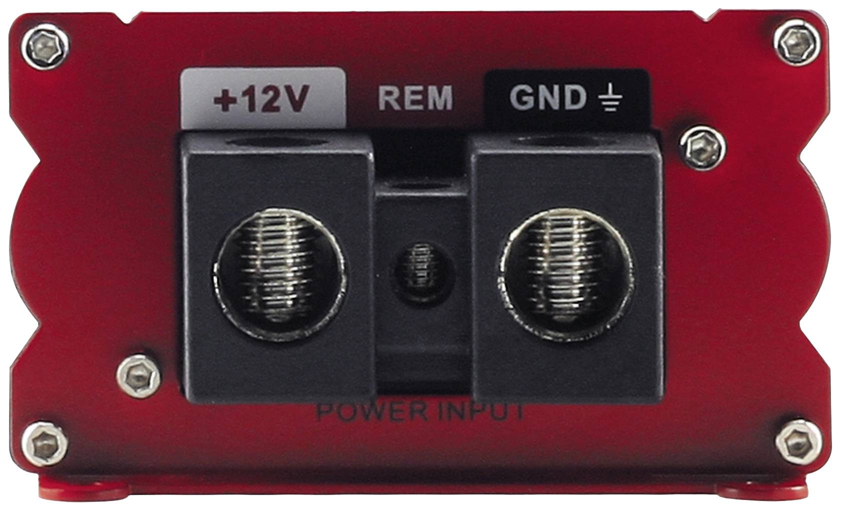 Red connection plate with terminals: '+12V', 'REM', and 'GND' for power supply.