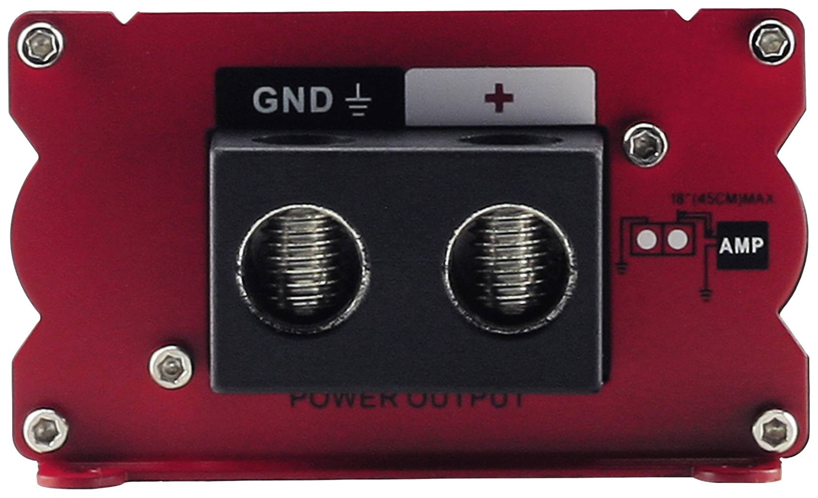 Red power connection plate with two large screw terminals. 'GND' and '+' marked on top. Suitable for high-current connections.