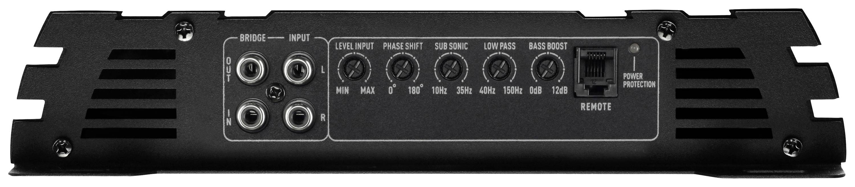 Rear of an audio amplifier with connection sockets and controls for 'Volume', 'Phase', 'Subsonic', 'Low Pass', 'Bass Boost'.