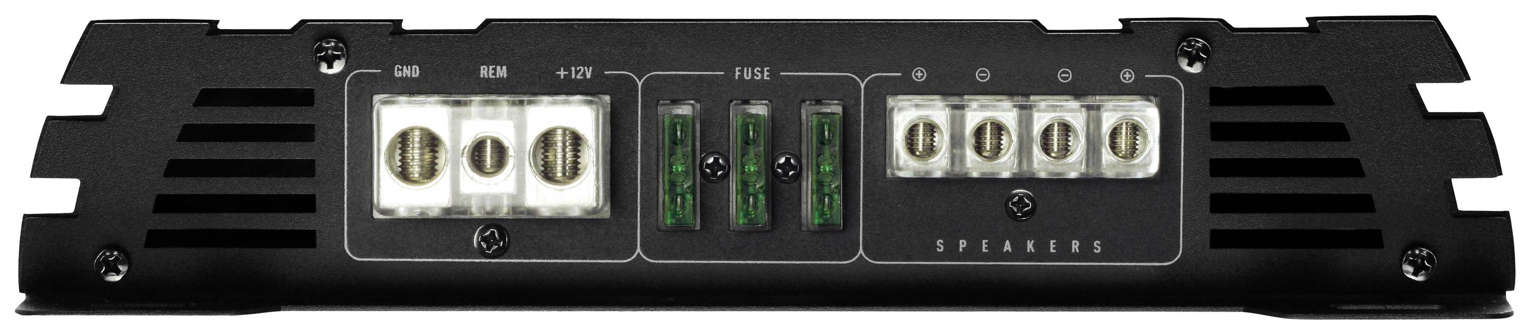 A car hi-fi amplifier is shown, displaying the rear side with connections and fuses. Marked connection points and switches are visible.