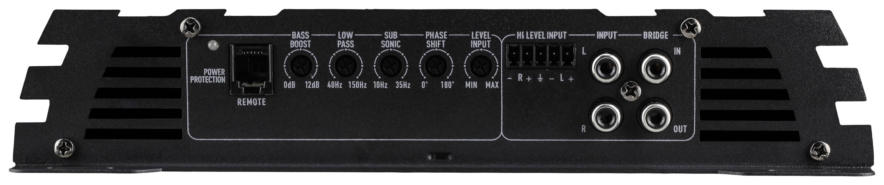 Black amplifier with multiple knobs and connections, including treble, bass and frequency controls, as well as RCA inputs and outputs.