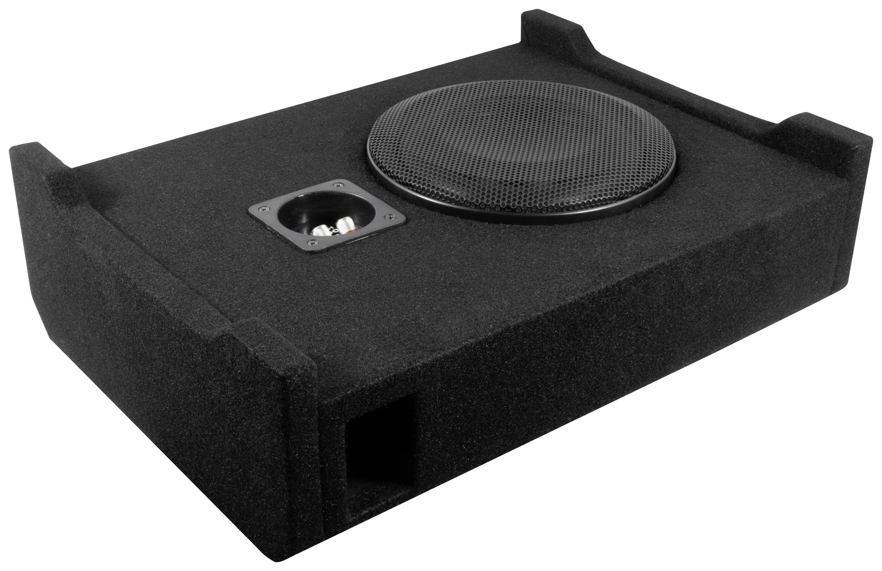 A rectangular, black subwoofer with a circular speaker and connection panel. Suitable for installation in vehicles.