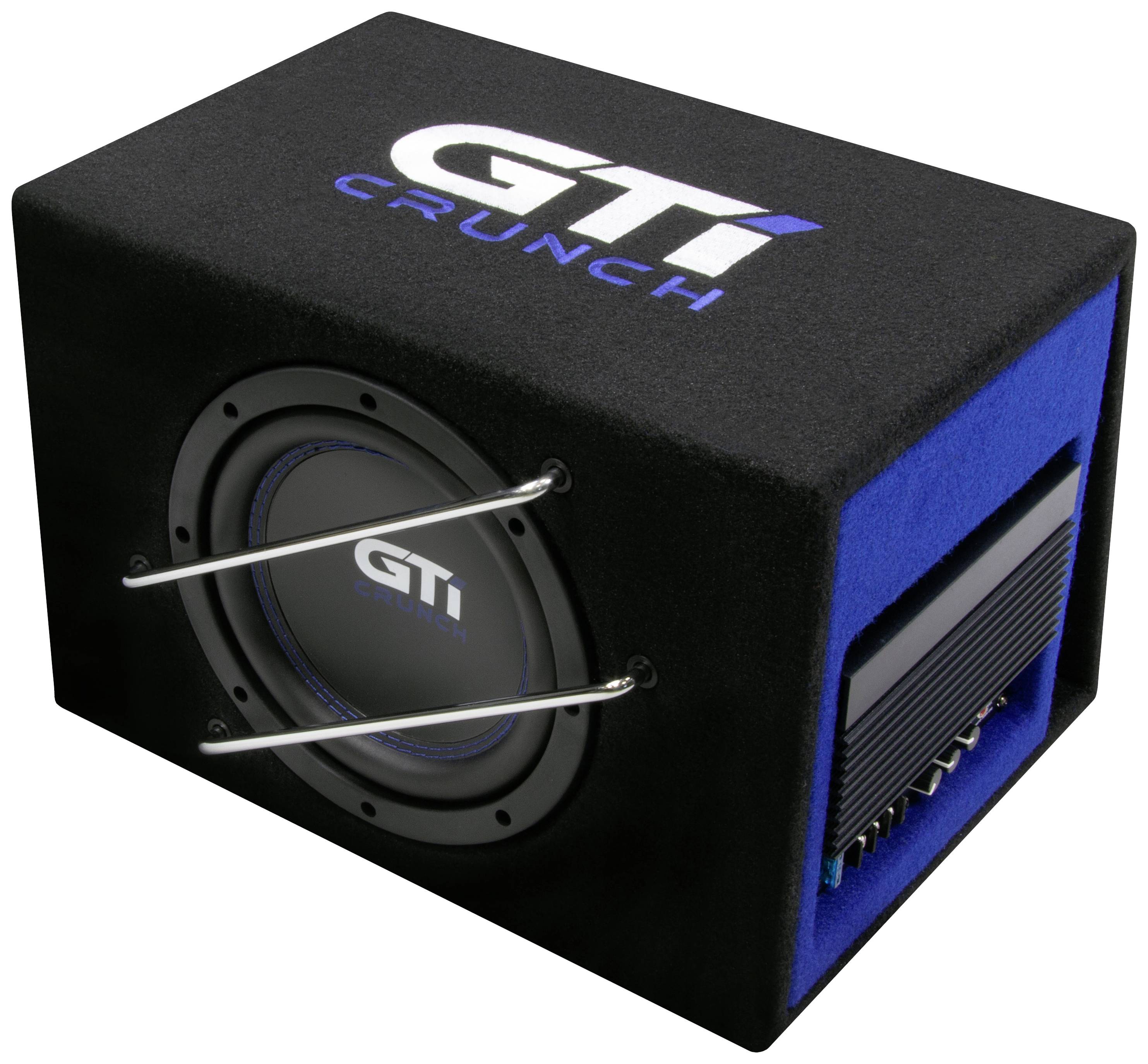 Black subwoofer with blue text reading 'GTI Crunch'. Front side displays the speaker, with the rear housing electronics for audio amplification.