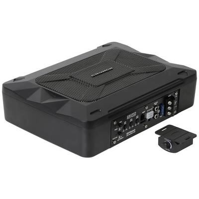 Black, rectangular car subwoofer with connection controls on the side. Small, separate control module beside it.