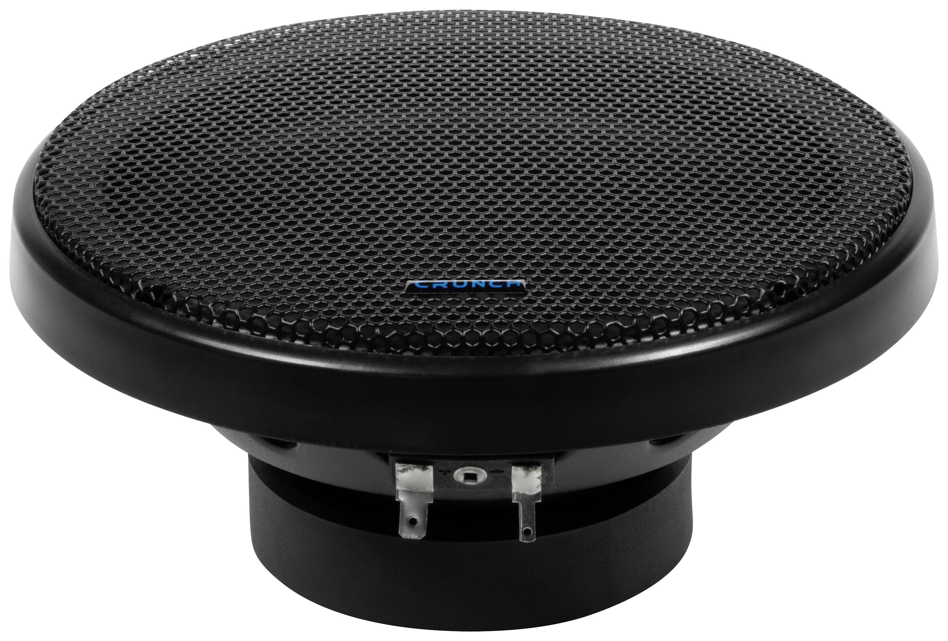 Black, round speaker in front of a white background; marked with a blue label.