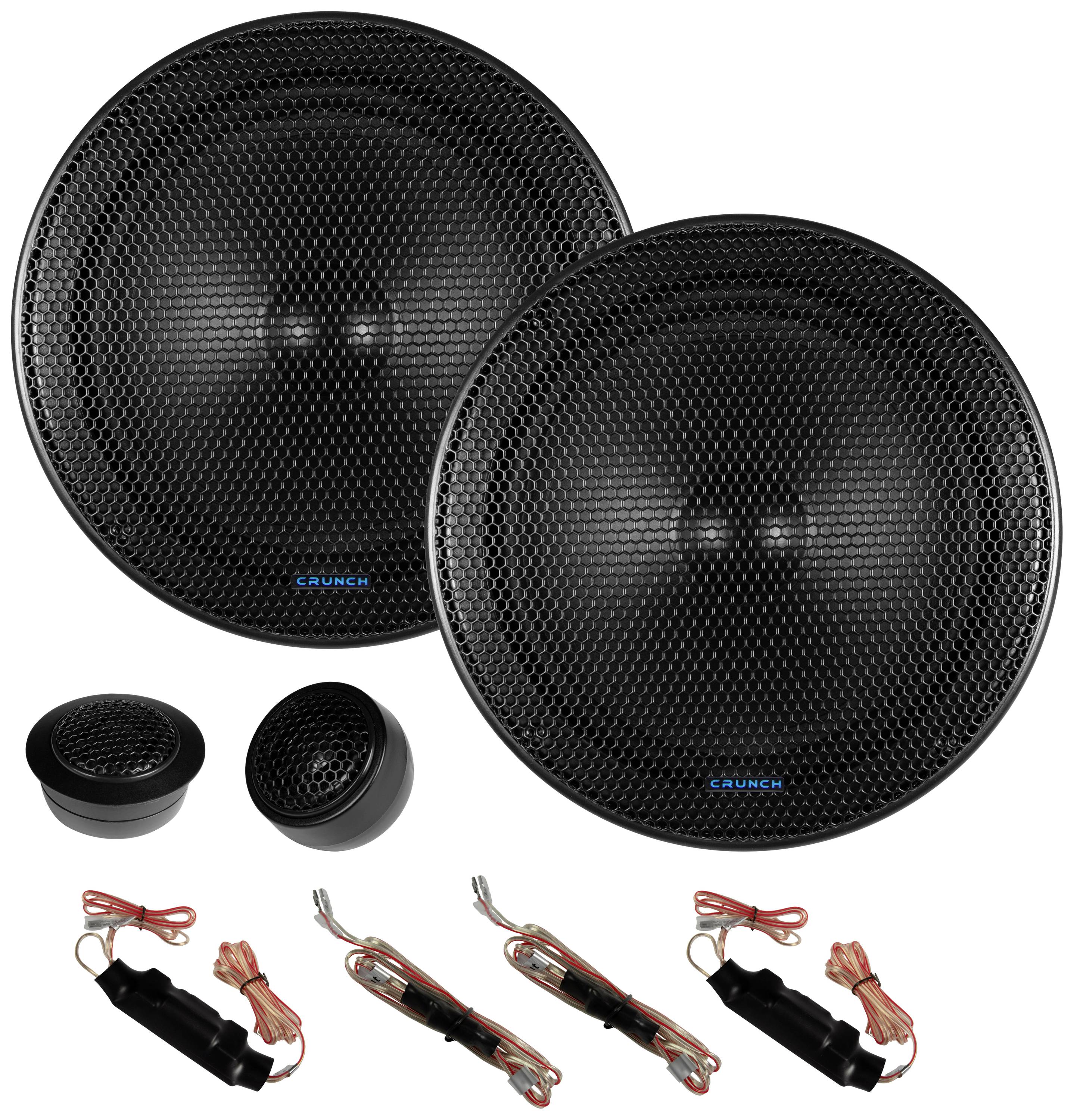 Car speaker set with two large round speakers, two smaller speakers and three cables, suitable for installation.