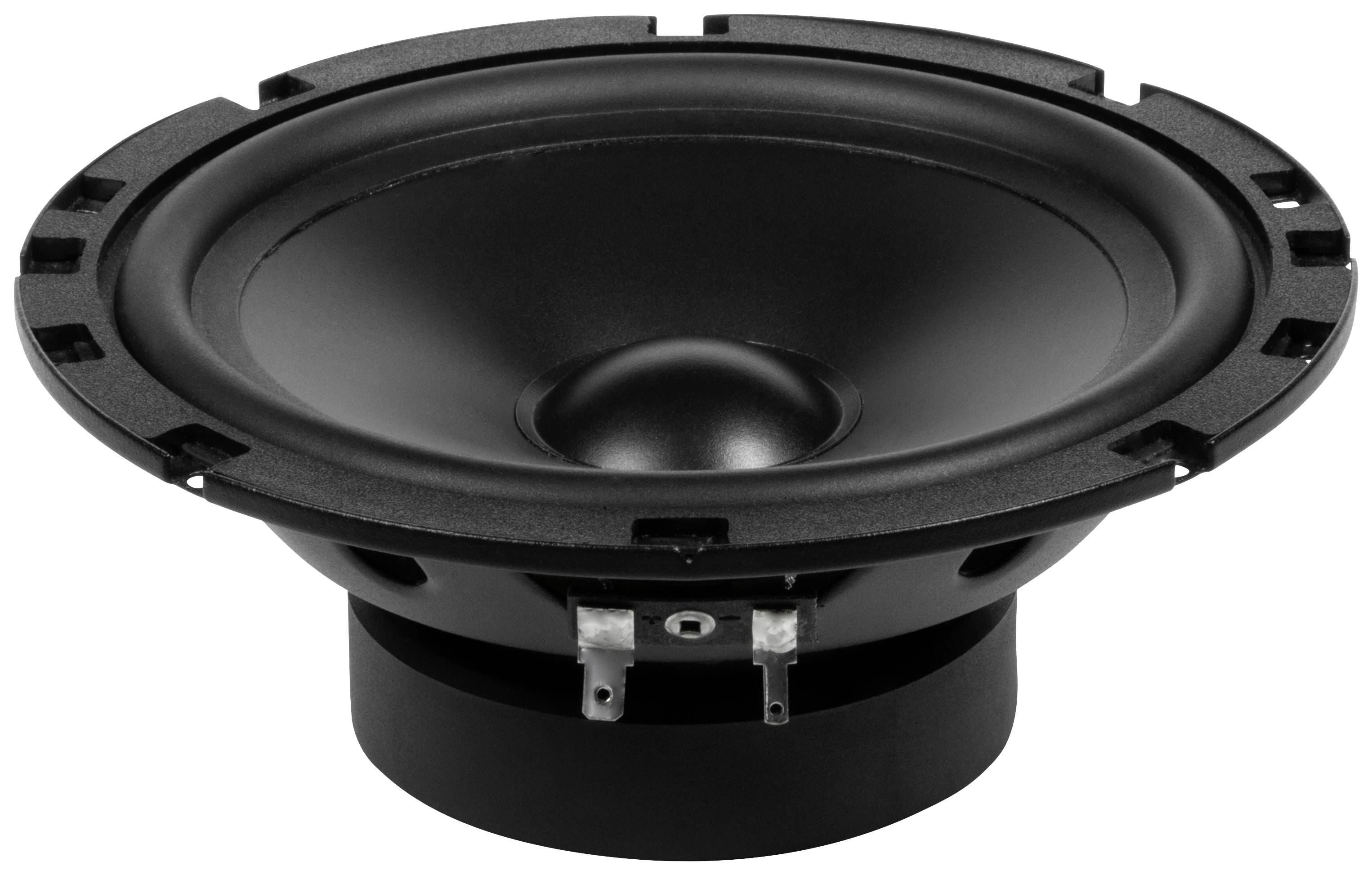 A black speaker with a round membrane and two connection terminals at the bottom, depicted against a white background.