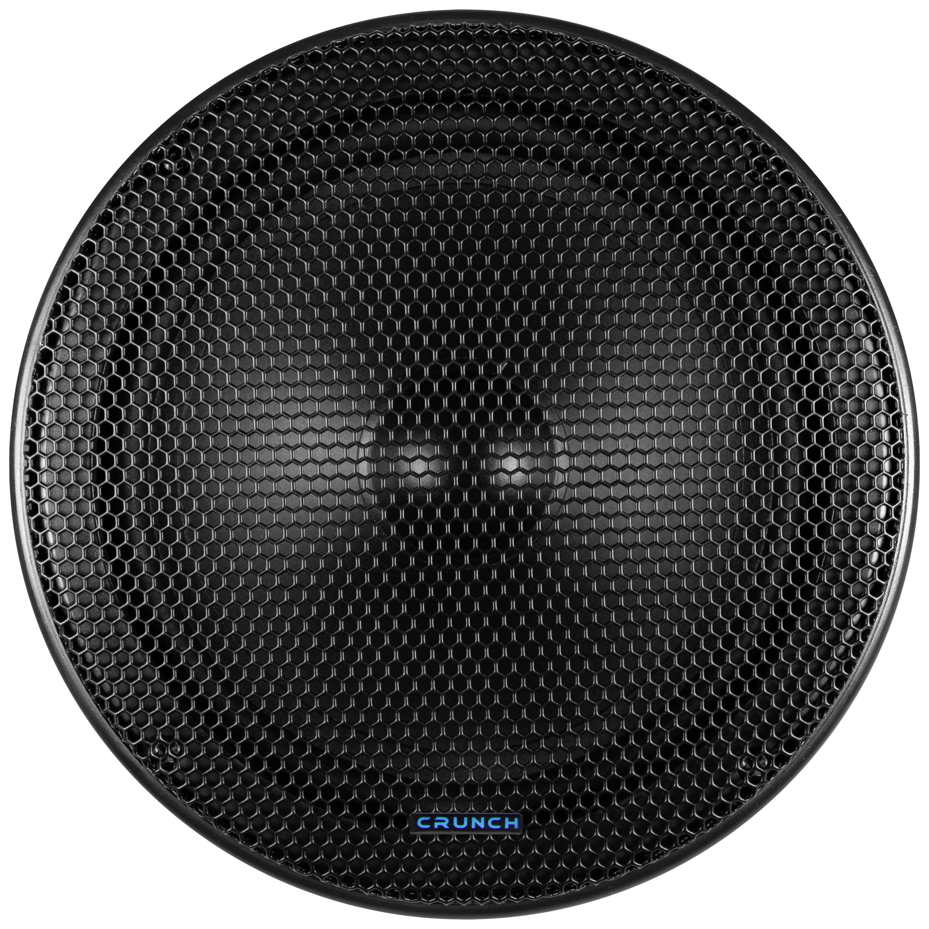 A round, black speaker with a honeycomb-patterned grille. 'CRUNCH' is written in small blue lettering at the bottom.