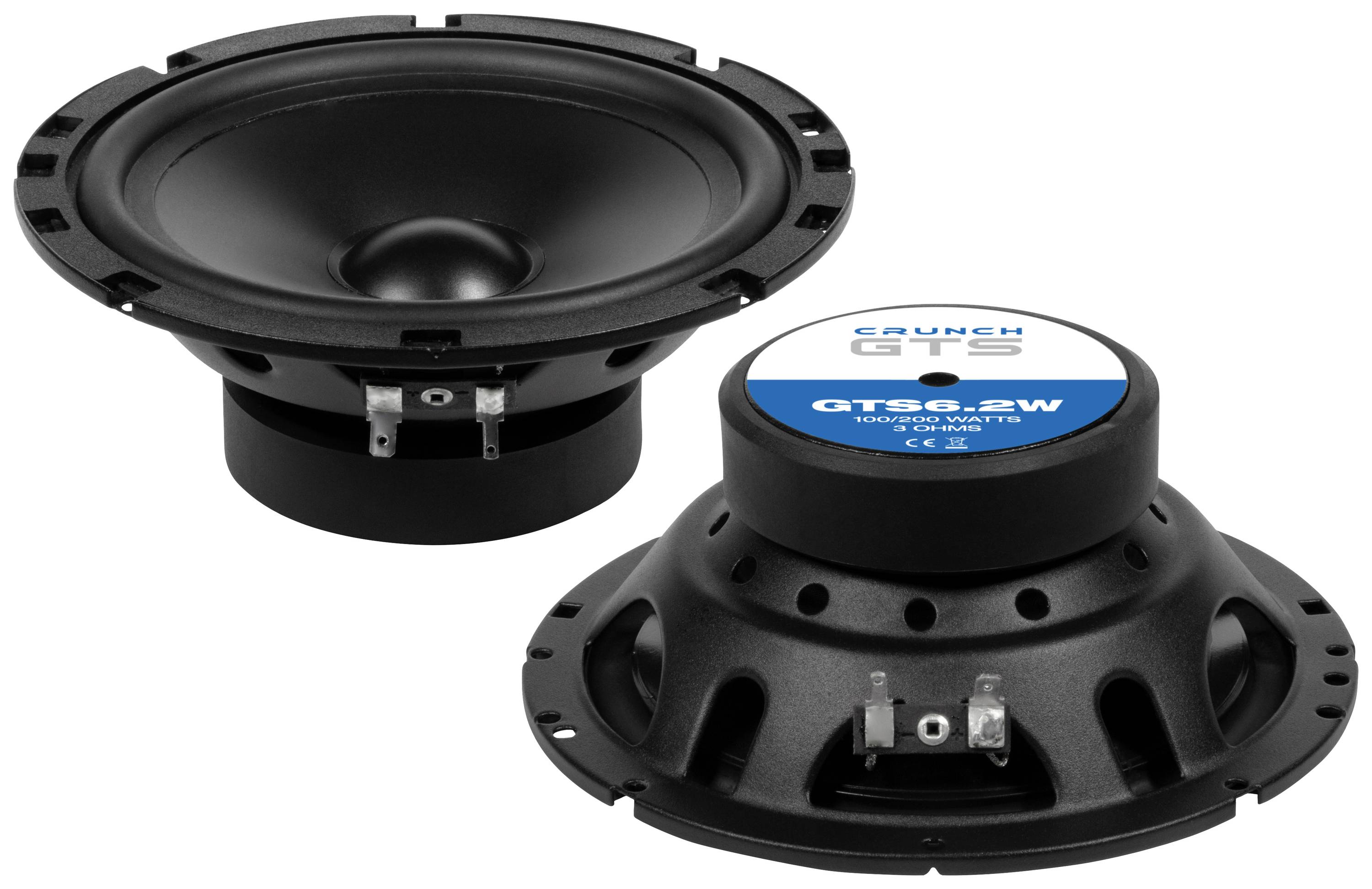 Two black speakers, one showing the front with the membrane, the other the back with a 'CRUNCH GTS' sticker.