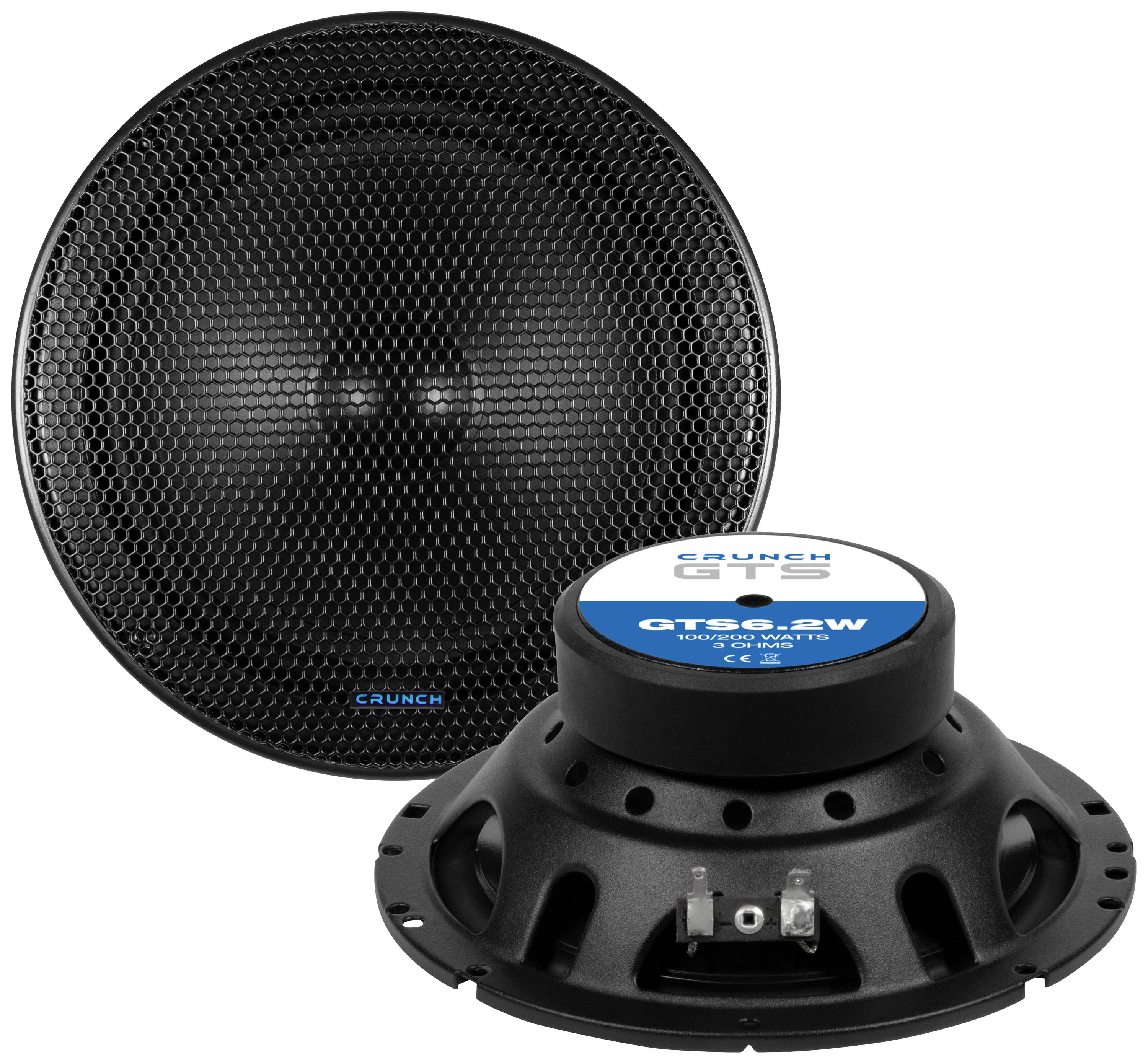 Round, black speaker with protective grille and Crunch logo, next to the rear side of a speaker with model number 'GT6.2W'.
