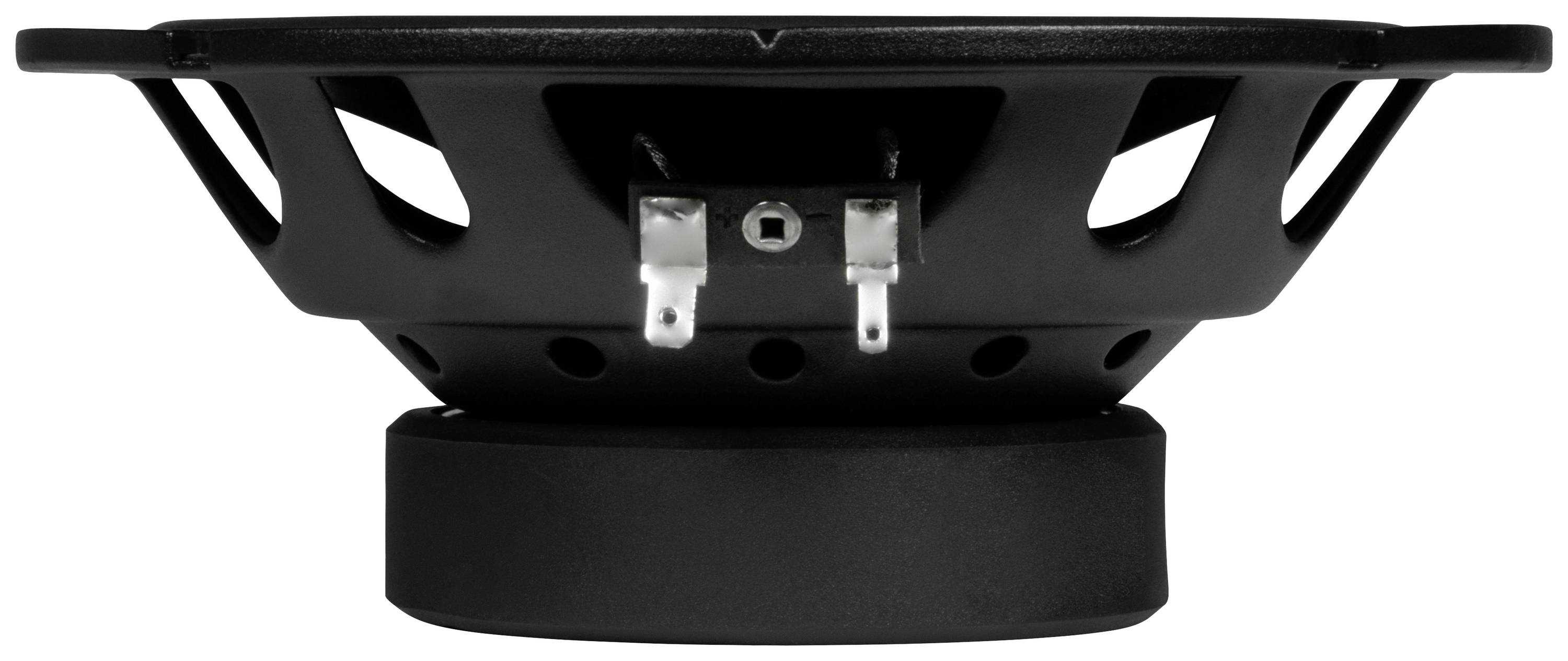 Close-up of a black loudspeaker from the side, showing magnetic coil and connection terminals.