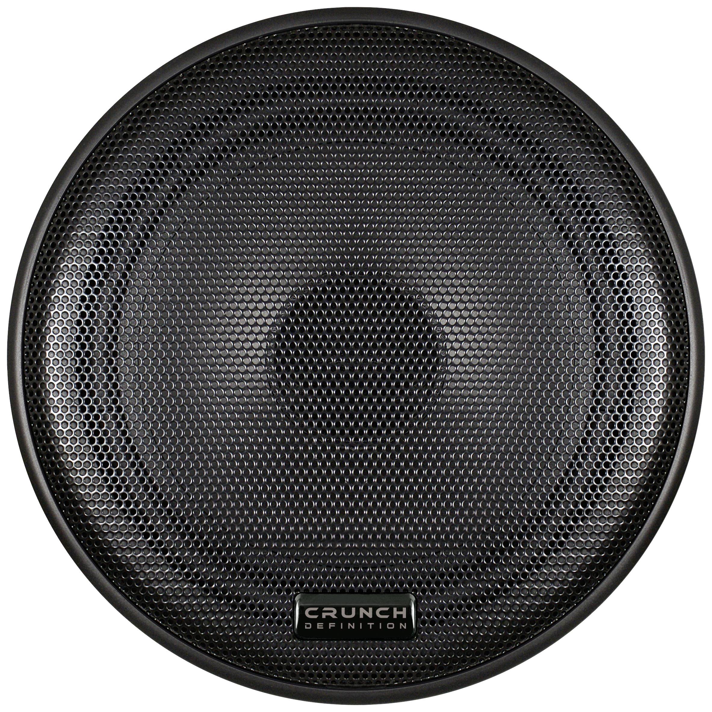 A black speaker with a metal grille and the inscription 'Crunch Definition' in the bottom centre.