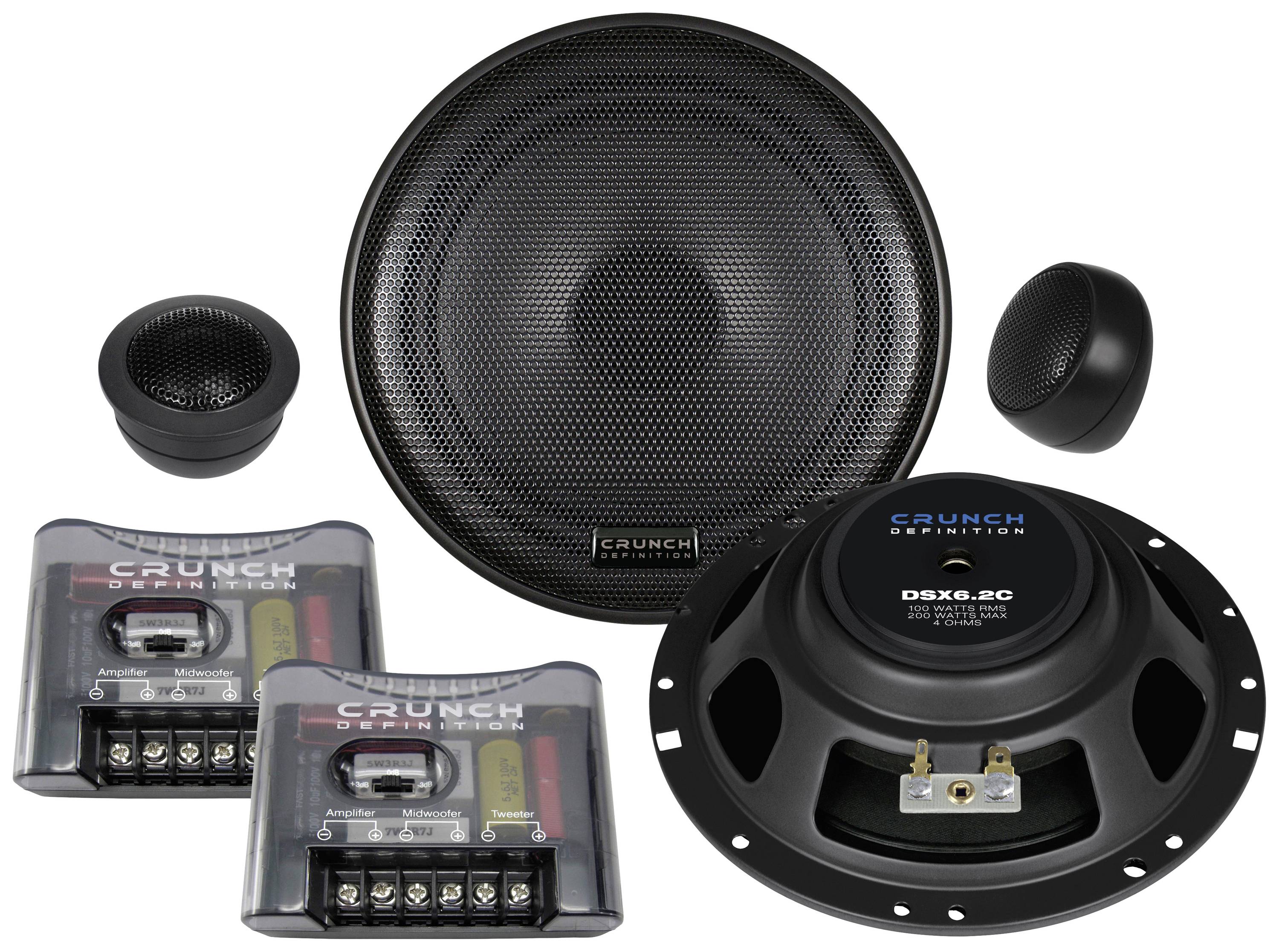 A car speaker set with a large coaxial speaker, a small tweeter, and two crossovers by the brand "Crunch".