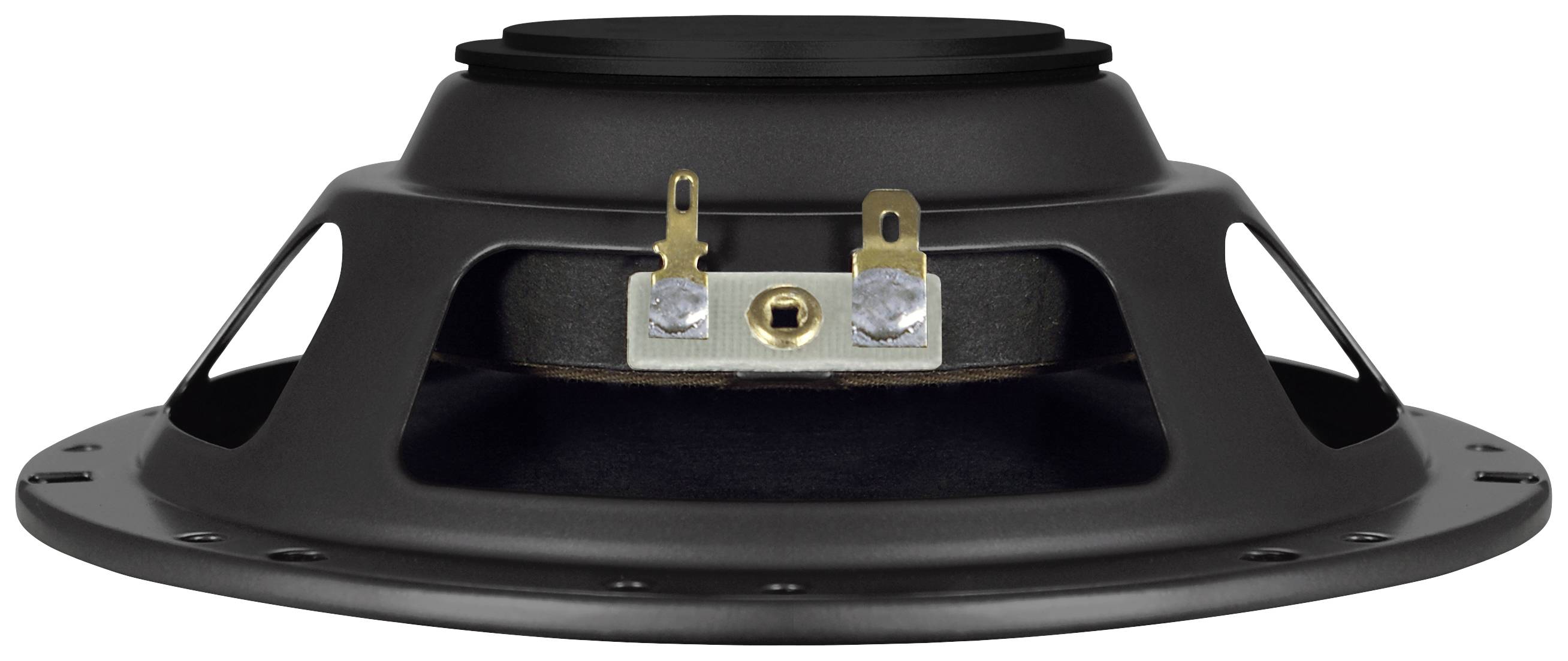 A black speaker viewed from below, showing the metal frame and connections. Suitable for audio playback.