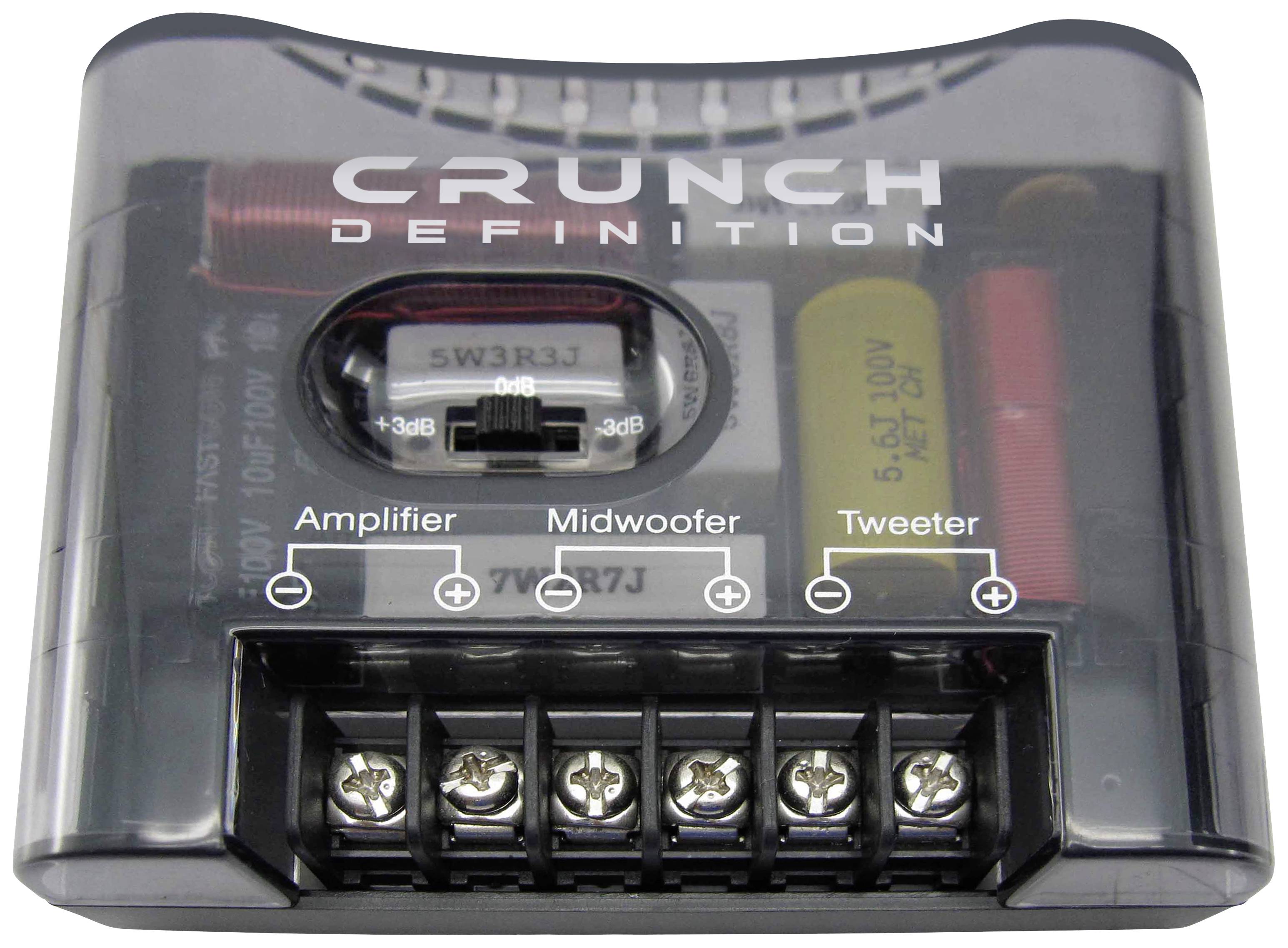 'Crunch Definition' Crossover: Three connections for amplifier, mid-range and tweeter identifiable. Contains inductor, capacitor.