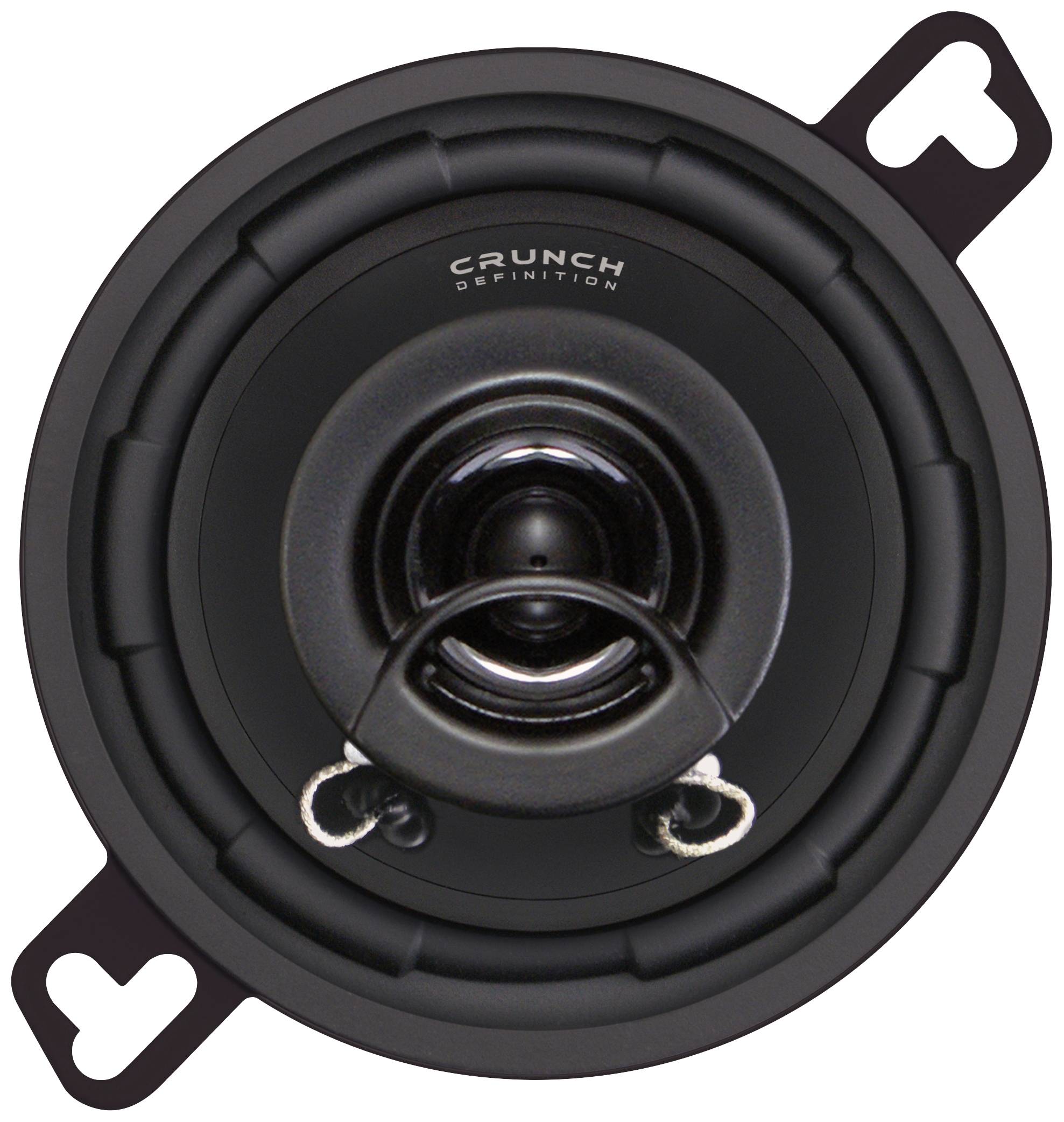 Round, black speaker with metal clamps and the inscription 'Crunch Definition'.