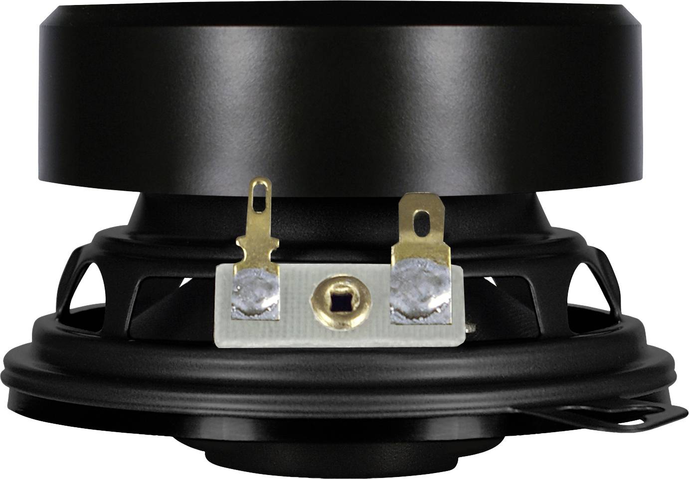 A black loudspeaker with visible connections on the rear, suitable for audio applications across various devices.