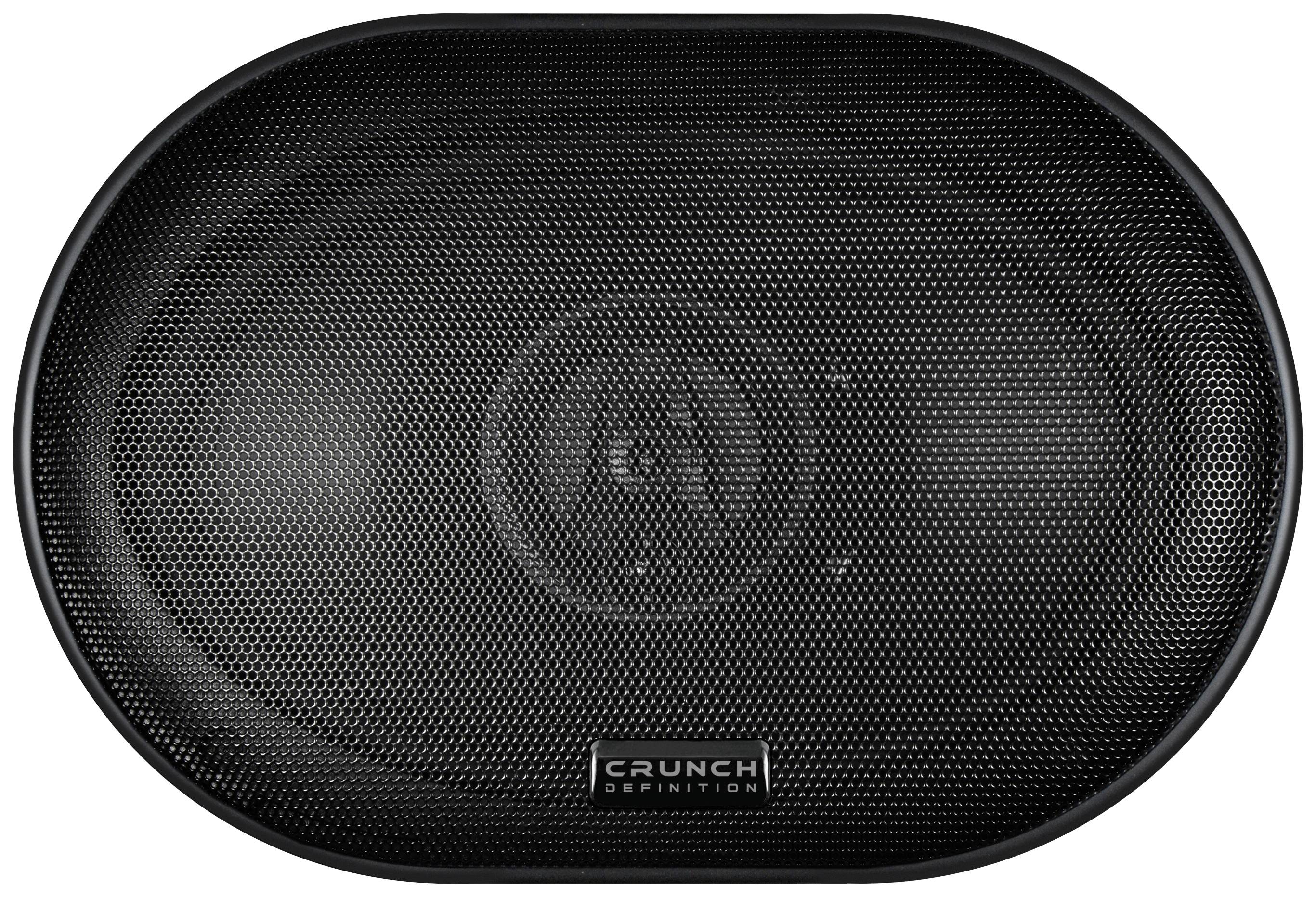 A black, oval speaker with a fine mesh pattern and the 'Crunch Definition' logo located in the centre of the grille.