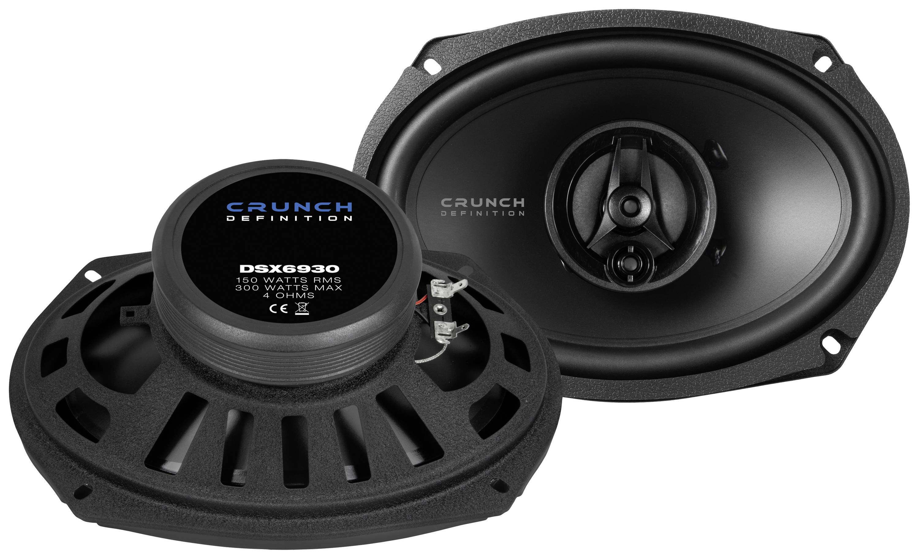 A pair of oval speakers by Crunch, model DSX6930, with 300 watts of power, in a black design.