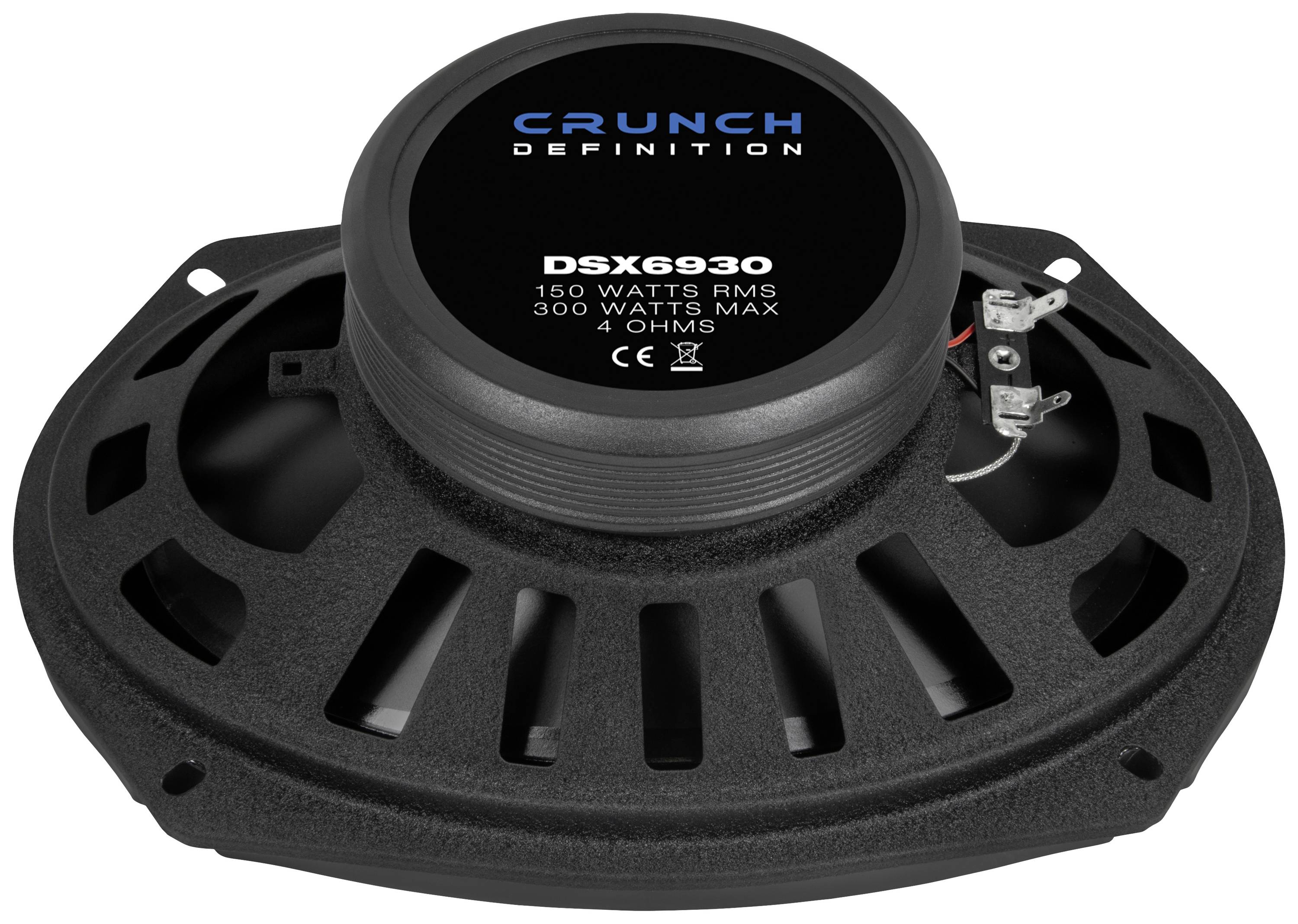 Figure of a black loudspeaker with the inscription 'Crunch Definition DSX6930, 150 Watts RMS, 300 Watts Max, 4 Ohms', viewed from above.