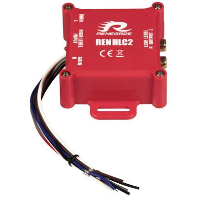 A red audio converter with the inscription 'REN HLC2'. Equipped with multiple cable connections. Used for converting high-level to low-level signals.