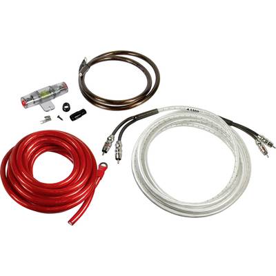 A set of various audio cables and connectors, including red and transparent cables with plugs, suitable for audio installations.