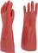 Two red rubber protective gloves standing upright, with a smooth surface. They are designed for workplace safety and protection.