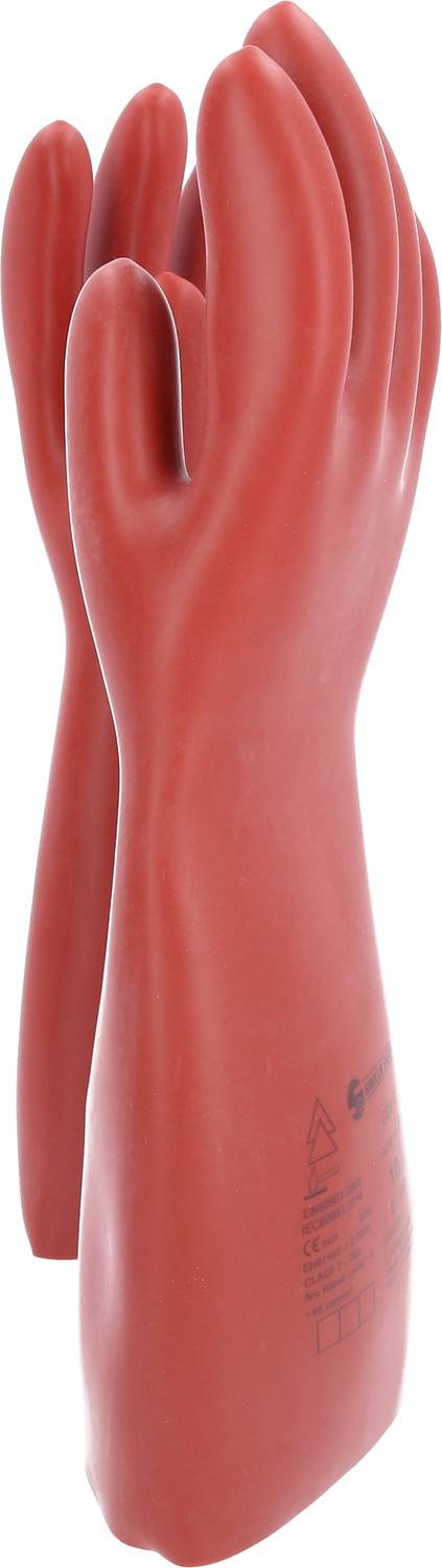 Two red rubber gloves stand upright side by side, designed for use in electrical environments.