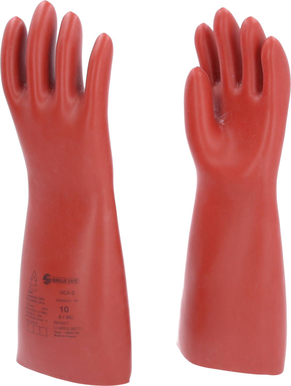 Red rubber electrical insulation gloves, two views. Print shows safety certification and size specification.