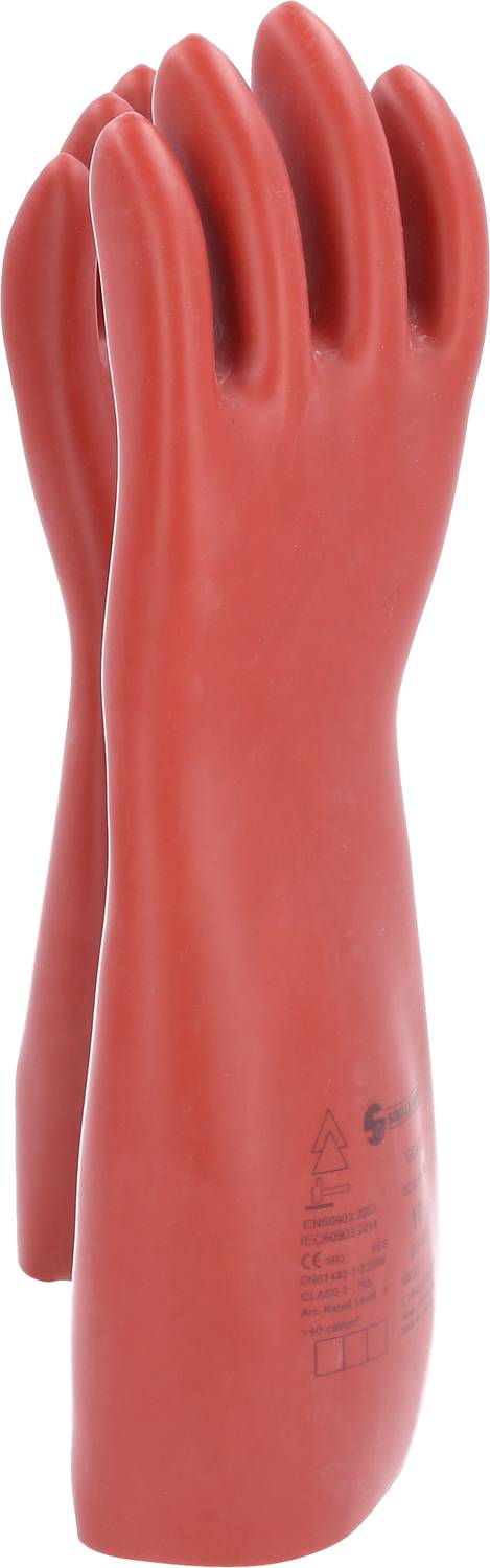 Red rubber insulating gloves, standing, for electricians to protect against electric shocks.
