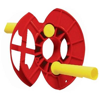 A red cable drum body with two yellow tubes running through the centre.
